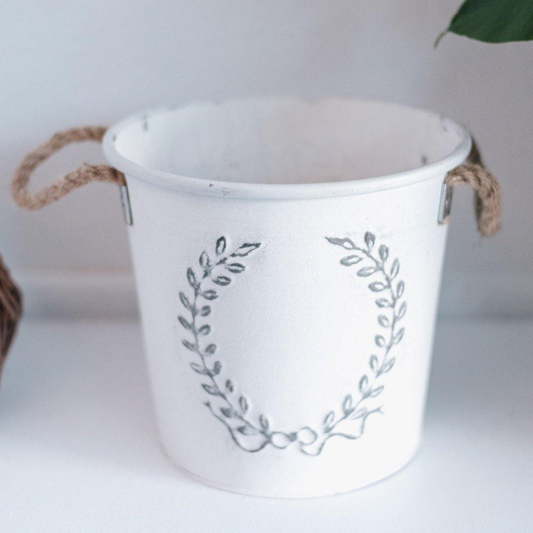 Prescott Florist - White Metal Pail with Rope Handle - Bowen's Botanicals